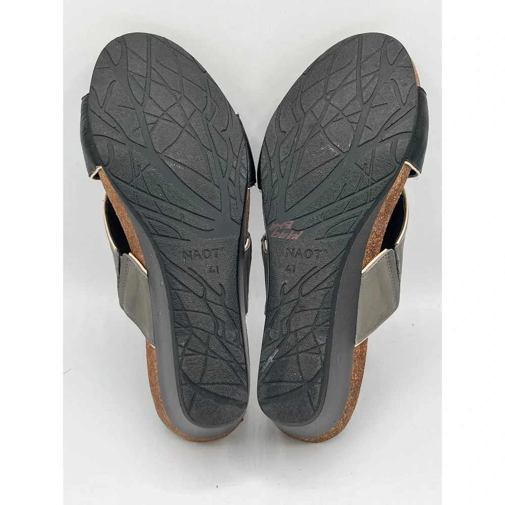 Naot Women Black Grey Leather Wedge Slide Sandals Made Israel Sz EU 41 US 10